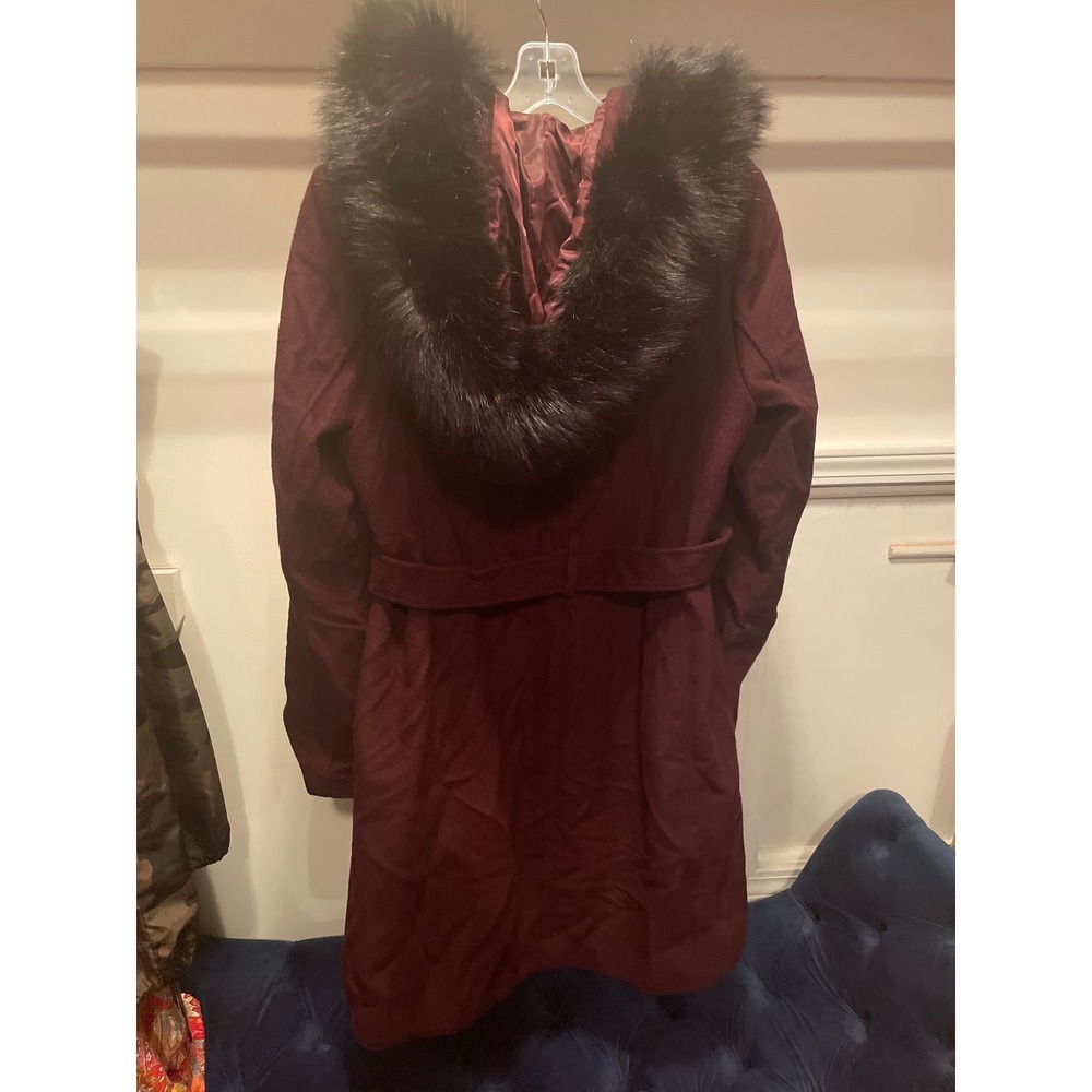 Cole Haan Signature Womens Burgundy Wool Blend Faux Fur Hooded Coat Size 12 - Picture 5 of 5